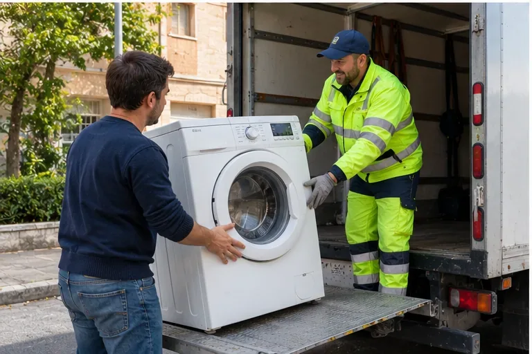 Un lave-linge est remis à un agent de collecte devant un camion