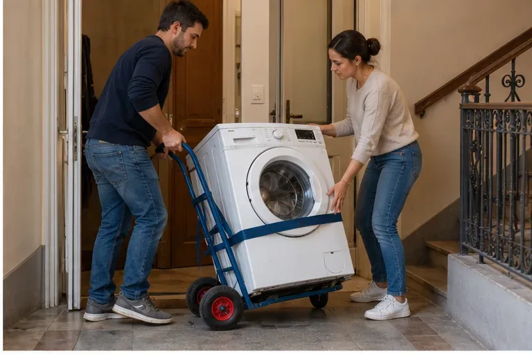 Deux personnes déplacent un lave-linge sanglé sur un diable dans un immeuble
