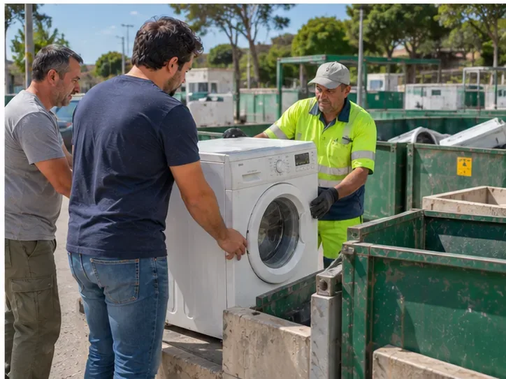Deux particuliers remettent un lave-linge à un agent dans une déchèterie extérieure