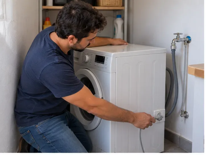 Un homme débranche un lave-linge blanc et ferme son arrivée d’eau dans une buanderie