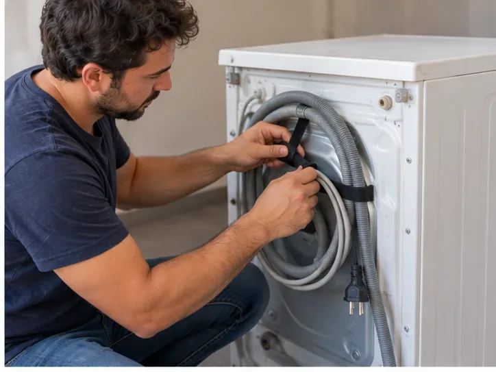 Un homme fixe les tuyaux et le câble électrique à l’arrière d’un lave-linge