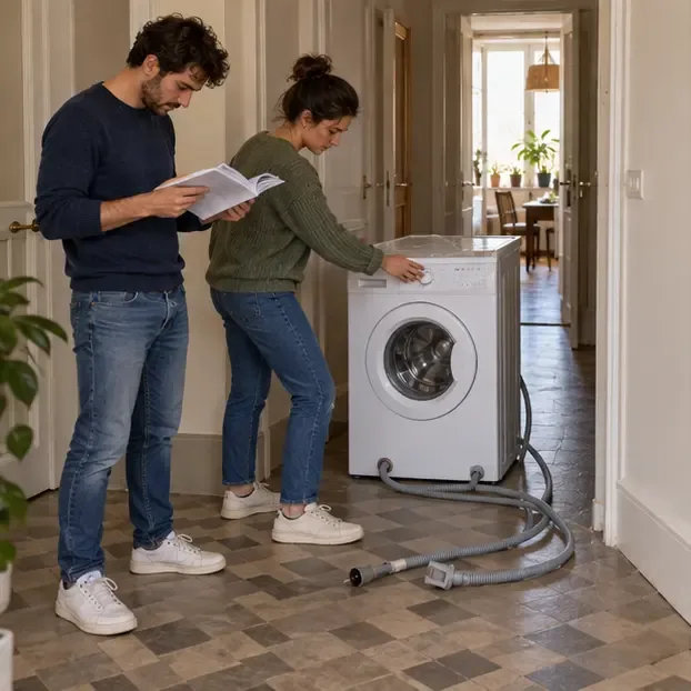 Deux personnes dégagent le passage autour d’un lave-linge et consultent une notice avant son déplacement