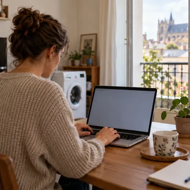Une personne consulte un ordinateur à côté d’un lave-linge pour préparer une demande d’enlèvement des encombrants
