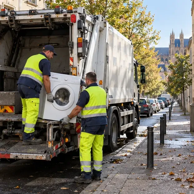 Des agents chargent un lave-linge blanc dans un camion de collecte tandis que le trottoir reste dégagé