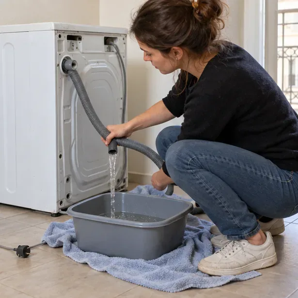 Une personne vide l’eau résiduelle du tuyau d’un lave-linge dans une bassine posée sur une serviette