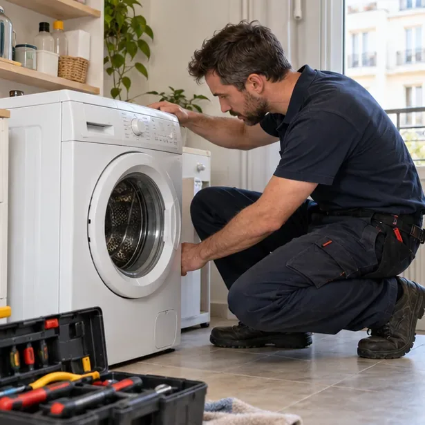 Un technicien examine le panneau et le tambour d’un lave-linge dans une buanderie avant de décider s’il peut être réparé