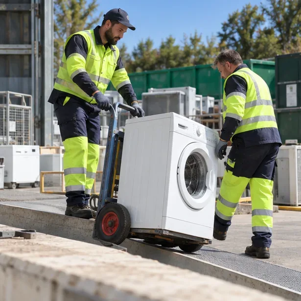 Deux agents en gilet fluorescent déplacent un lave-linge sur un diable dans une zone de réception d’appareils usagés