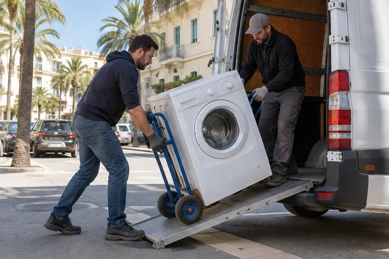 Deux personnes chargent un lave-linge dans un utilitaire à l’aide d’un diable et d’une rampe