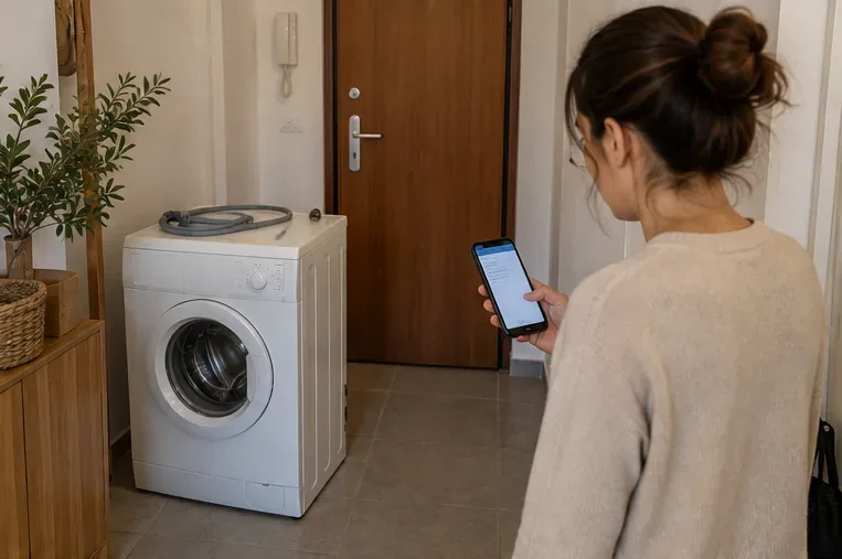 Une personne consulte sur son téléphone les informations de collecte à côté d’un lave-linge prêt à être enlevé