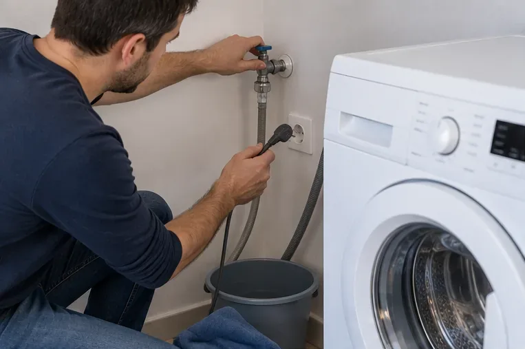Un lave-linge débranché pendant la fermeture de l’arrivée d’eau et la déconnexion du tuyau