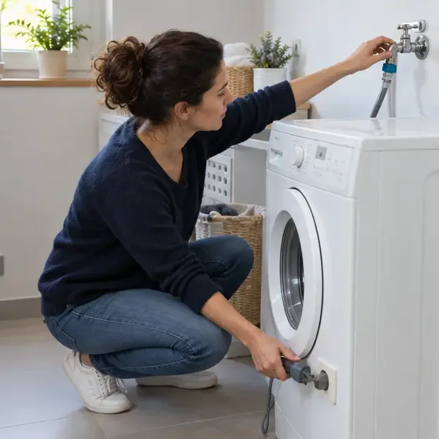 Une personne débranche le lave-linge et ferme le robinet d’arrivée d’eau dans une buanderie