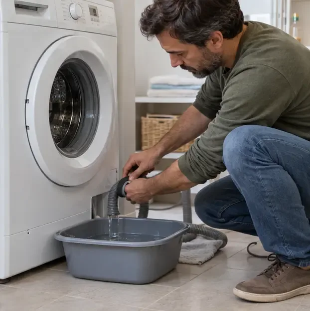 Une personne vide l’eau restante du tuyau du lave-linge dans une bassine posée au sol