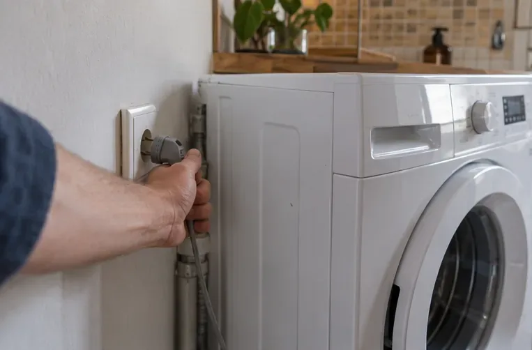 Une personne débranche la prise électrique d’un lave-linge avant sa collecte à Paris