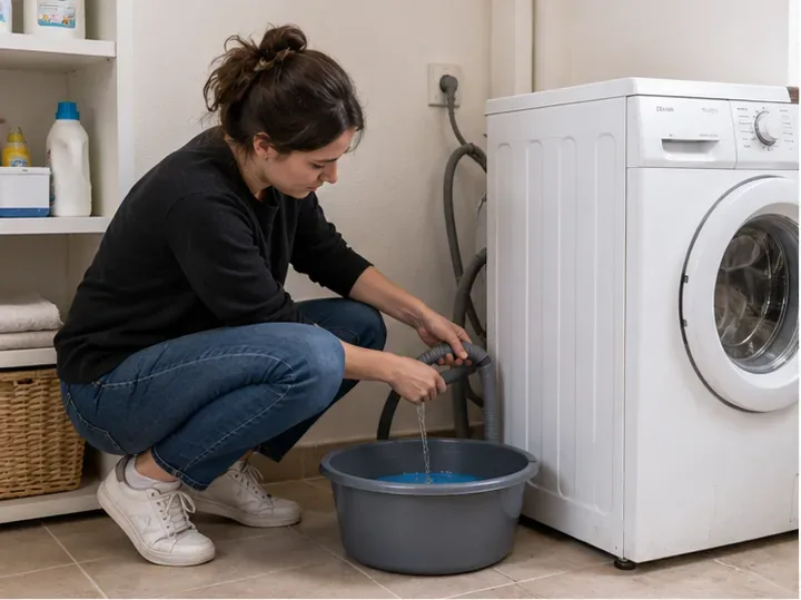 Une personne vidange le tuyau d’un lave-linge dans une bassine avant son déplacement.