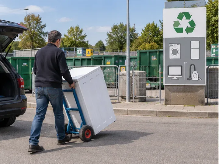 Un particulier pousse un lave-linge sur un diable à l’entrée d’un centre de recyclage.