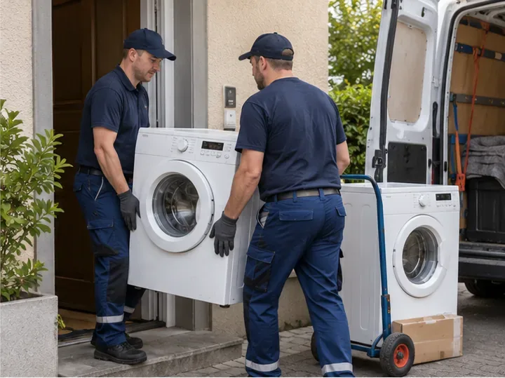 Deux livreurs déplacent un lave-linge depuis une maison vers un véhicule utilitaire.