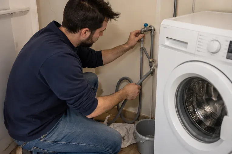 Une personne débranche les tuyaux d’un lave-linge après avoir fermé l’arrivée d’eau.