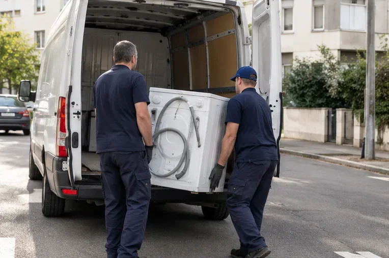 Deux agents chargent un lave-linge dans un véhicule utilitaire devant un immeuble.
