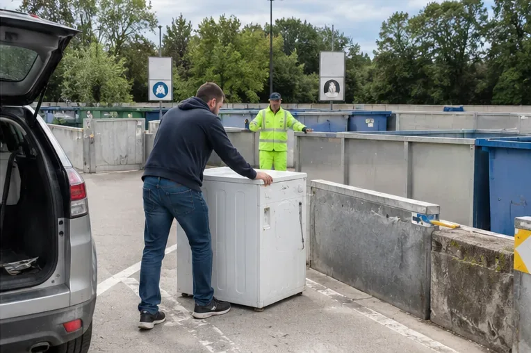 Un particulier présente un lave-linge à un agent dans une déchèterie équipée de zones de tri.