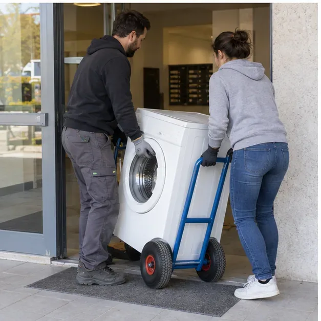 Deux adultes déplacent un lave-linge maintenu droit sur un diable à l’entrée d’un immeuble