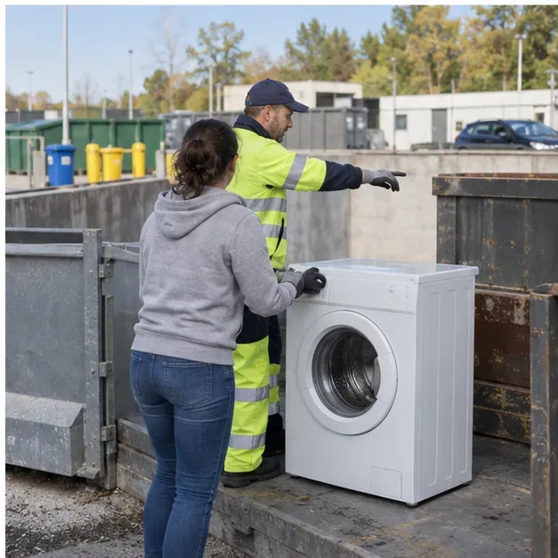 Un agent en gilet de sécurité indique à une habitante la zone de dépôt d’un lave-linge dans une déchèterie