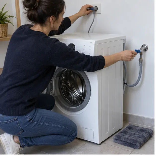 Une personne débranche un lave-linge et ferme le robinet d’arrivée d’eau dans une buanderie