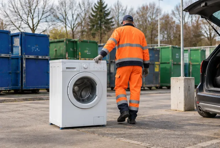 Agent en tenue haute visibilité à côté d’un lave-linge sur un site de déchèterie avec plusieurs bennes