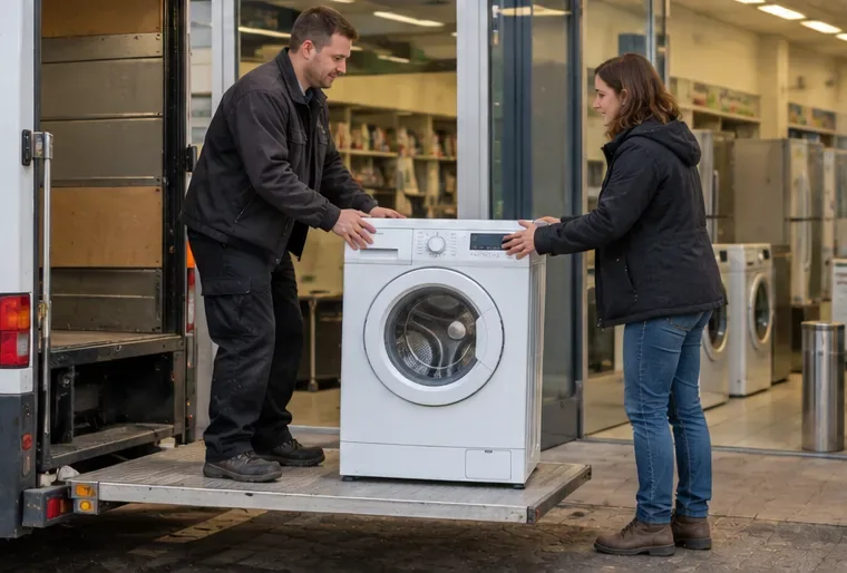 Lave-linge remis à deux personnes devant un véhicule de collecte près d’un magasin
