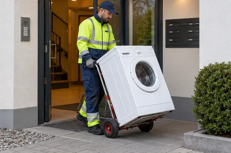 Un agent de collecte fait rouler un lave-linge sur un chariot depuis une entrée privée