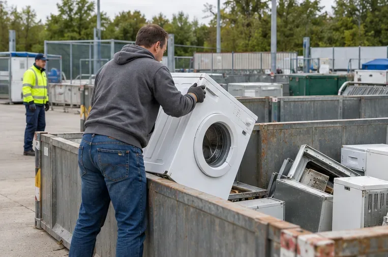 Un habitant dépose un lave-linge dans une zone de collecte séparée pour les appareils électriques