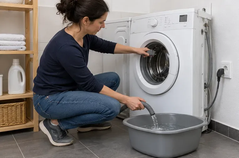 Une personne débranche un lave-linge et vide son tuyau dans une bassine avant son enlèvement