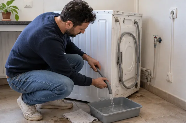 Un homme vide l’eau résiduelle du tuyau d’un lave-linge dans un bac posé au sol.