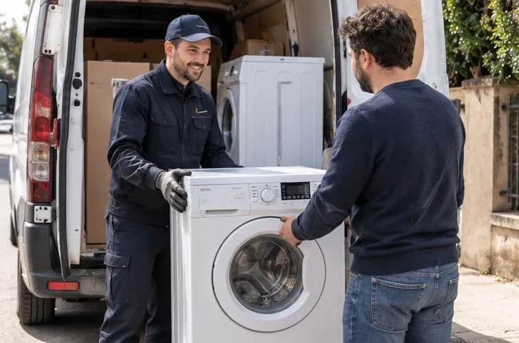 Un particulier remet un lave-linge à un professionnel devant un véhicule de livraison.