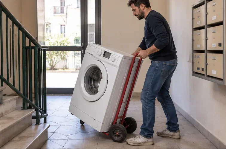 Un homme transporte un lave-linge incliné sur un diable dans le hall d’un immeuble.