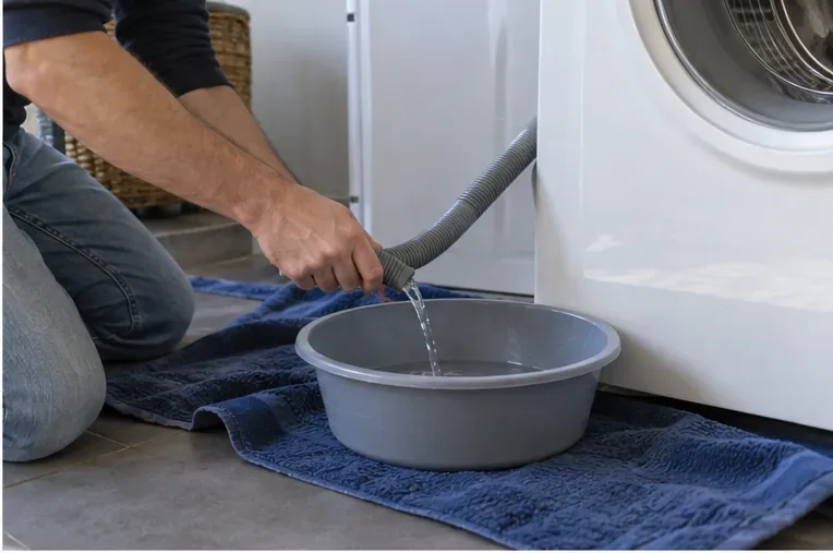 Un tuyau de vidange dirigé vers une bassine posée sur une serviette, pour récupérer l’eau restante du lave-linge