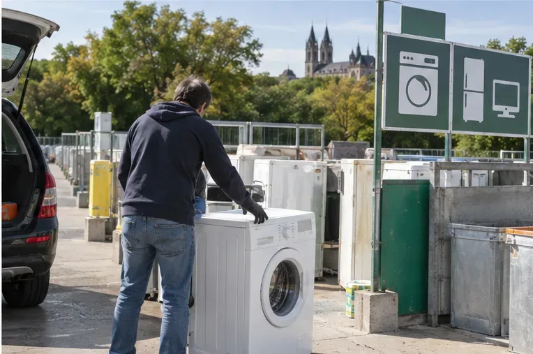 Un lave-linge déposé dans une zone de tri pour gros appareils électriques d’un centre de recyclage