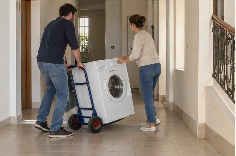 Deux personnes déplacent un lave-linge avec un diable dans un couloir résidentiel