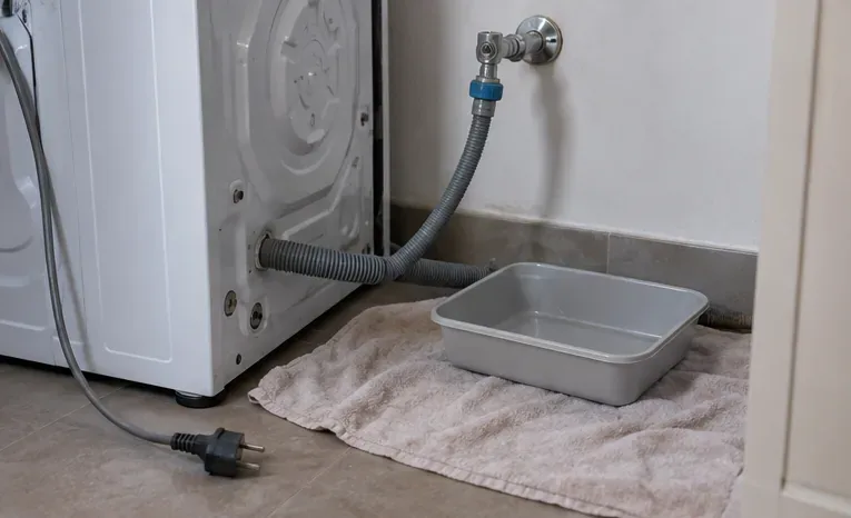 Un lave-linge est débranché avec une bassine et une serviette pour éviter les fuites