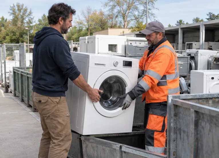 Un habitant remet un lave-linge à un agent dans une zone de collecte des appareils électriques