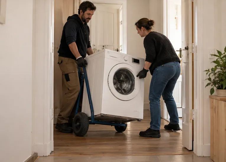 Deux personnes déplacent un lave-linge sur un diable dans un appartement