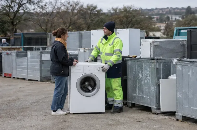 Une habitante remet un lave-linge à un agent dans un centre de recyclage