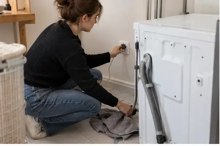 Une personne débranche un lave-linge usagé et place une serviette près du tuyau de vidange