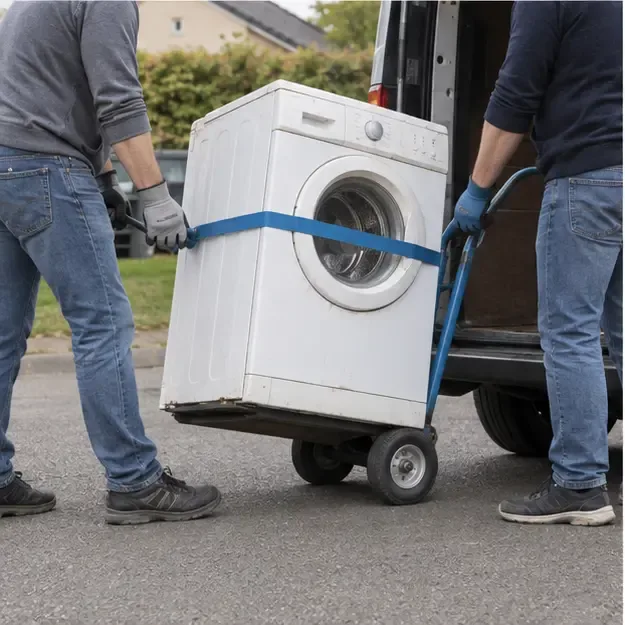Deux personnes utilisant un diable pour déplacer un lave-linge vers un véhicule