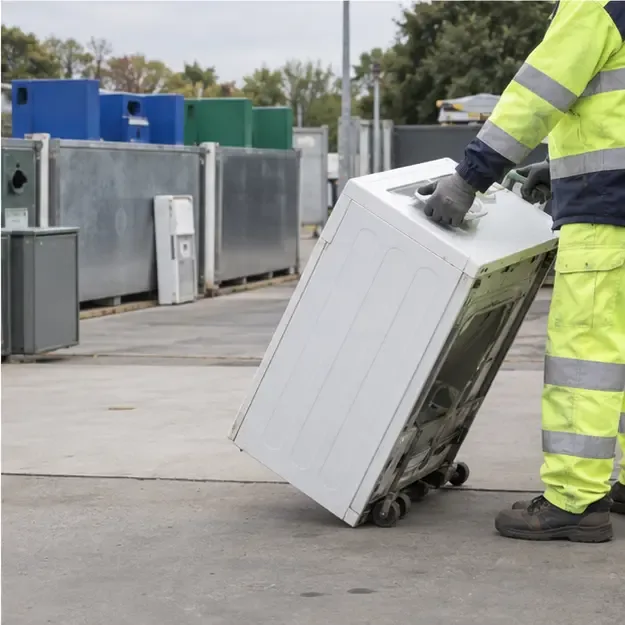 Agent en tenue de travail orientant un lave-linge vers les conteneurs d’un centre de recyclage