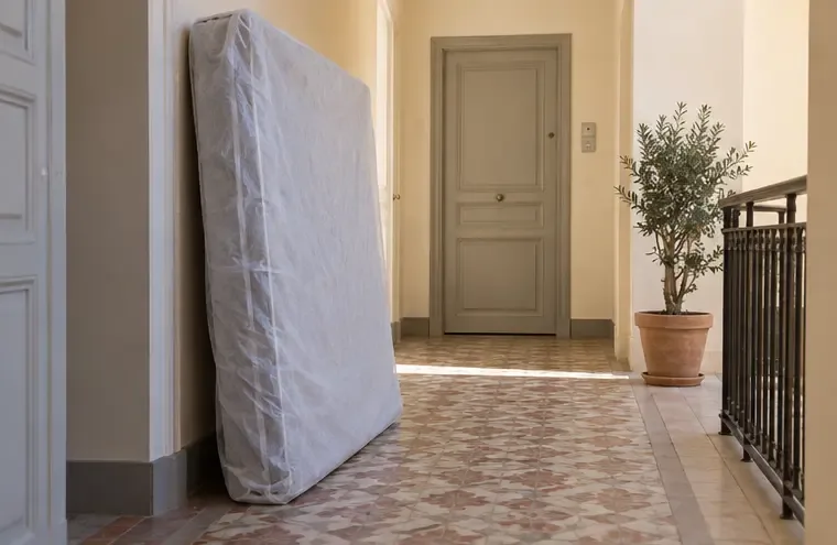 Un matelas usagé protégé par une housse dans le couloir d’un immeuble provençal