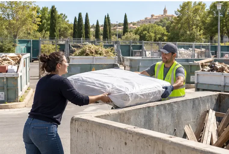 Une habitante remet un matelas protégé à un agent portant un gilet de sécurité dans une déchèterie