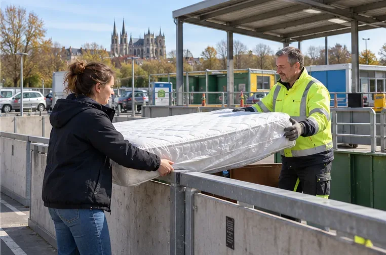 Une habitante et un agent manipulent un matelas dans une déchèterie ordonnée.
