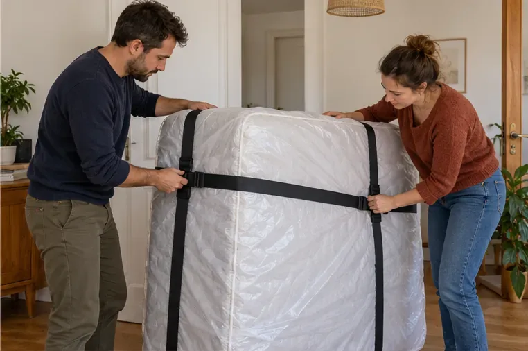 Deux personnes sanglent un matelas protégé afin de le stabiliser avant son déplacement.