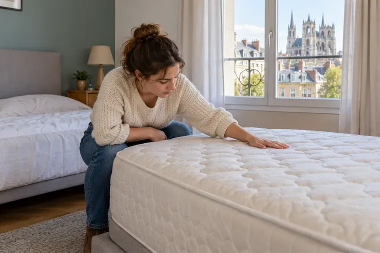 Une personne examine la surface d’un matelas propre dans une chambre avant de décider s’il peut encore servir.