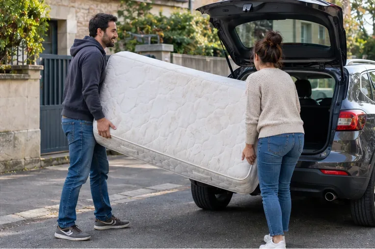 Deux personnes chargent un grand matelas dans le coffre ouvert d’une voiture en vérifiant qu’il peut être transporté correctement